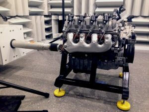 Engine testing in a hemi-anechoic chamber to analyze sources of fuel system noise.